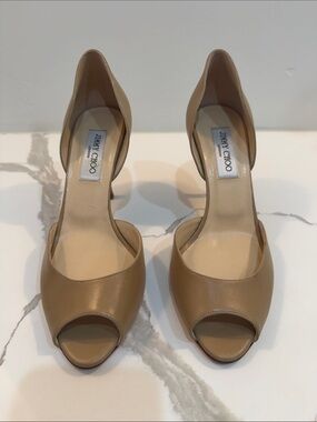 Jimmy Choo Beige Open-Toe D'Orsay Leather Heels